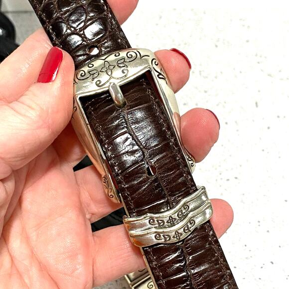 Dark brown & black reversible belt moc croc texture braided silver buckle 30" - Picture 4 of 9